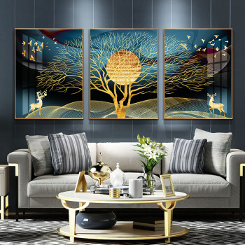 简约别墅轻奢三联壁画沙发背景墙北欧挂画晶瓷画大树金鹿三联画5070