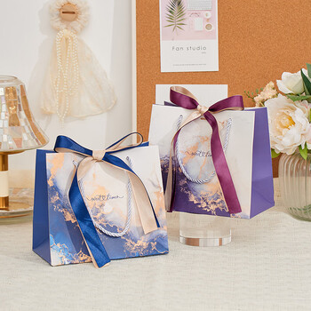 欧利文伴手礼小号包装袋中号纸袋手提袋儿童生日礼物袋子高档精致丝带礼品袋18x16x10cm 宝蓝紫幻4个装