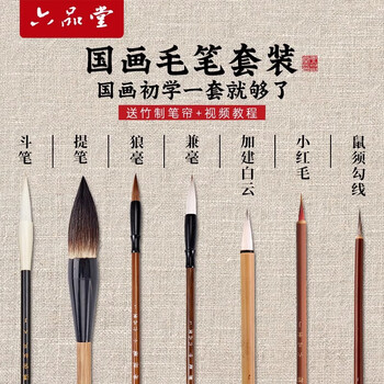 六品堂国画毛笔套装9支装送笔帘 兼毫羊毫勾线白云毛笔学生国画工笔画书法颜料画笔