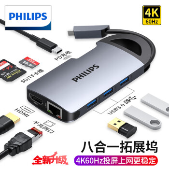 飞利浦（PHILIPS）Type-C扩展坞USB-C转HDMI适用MacBook智能手机拓展坞 八合一【网口-HDMI-PD-读卡器】全新升级