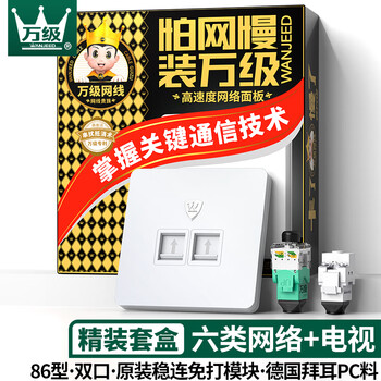 万级 六类网络面板 千兆免打网线插座二位双口 86型网络+电视家装宽带墙壁装修面板 1-14946白