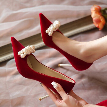 足姿媚（ZUZIMEI）新娘婚鞋女配礼服红色珍珠高跟鞋细跟婚纱两穿 红色 8cm 34