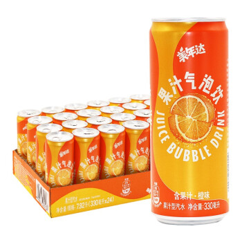 百事可乐出品 美年达果汁气泡饮 含果汁橙味汽水 330ml*24罐听装整箱