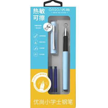 【开学必备】优尚（OASO）小学士可擦笔 五点供墨防断墨改错笔 热可擦钢笔学生（天空蓝） 蓝色热可擦墨囊