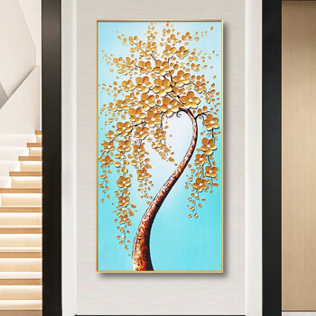 画竖版客厅沙发背景墙挂画金色发财树落地大幅壁画奢华金外框4080cm