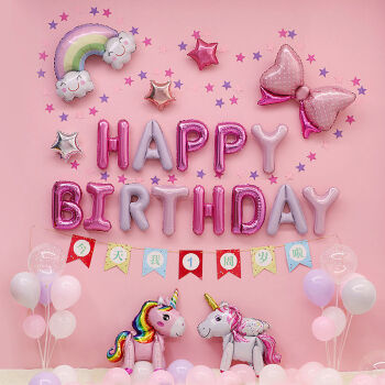 宝宝生日快乐气球布置卡通场景装饰女孩一周岁儿童派对用品背景墙独角