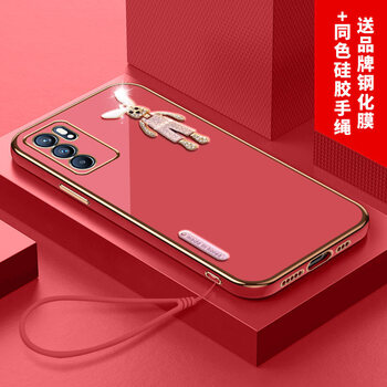 opporeno6直边缤纷水钻兔子-山茶红-赠钢化