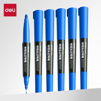 得力（deli）【开学必备】中双粗头快递物流记号签字笔办公文具教学会议笔马克笔1.8/0.5mm 蓝色 10支/盒 SK221