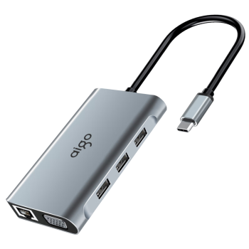 爱国者（aigo）Type-C扩展坞USB3.0分线器RJ45千兆网口转接器HDMI/VGA转接头PD100W快充USB拓展坞T07-R(金属)