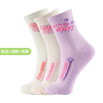 川崎（KAWASAKI）羽毛球袜跑步运动袜包裹减震加厚毛巾底女款三双装 白粉紫 均码