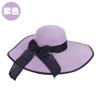 新夏天女士大檐帽防晒草帽折叠沙滩帽遮阳帽 旅游太阳帽 黑包边—紫色