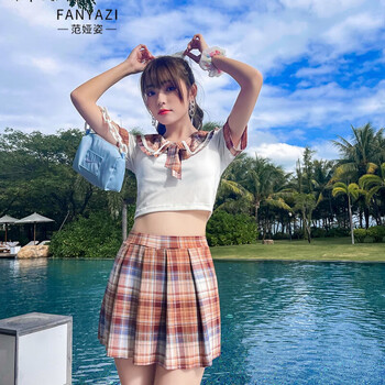 范娅姿明星同款新款泳衣女韩国ins小清新学生运动jk制服风分体裙式