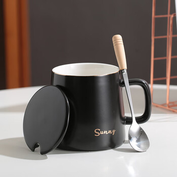 传旗陶瓷马克杯带勺盖咖啡杯牛奶杯早餐杯办公杯男女茶杯描金黑400ml