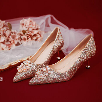 茜茜夫人婚鞋新款秀禾婚纱两穿新娘结婚鞋子伴娘高跟水晶鞋女玫瑰金65