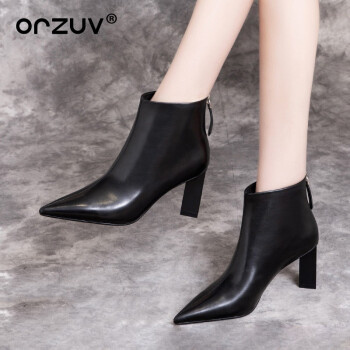 orzuv品牌尖头粗跟短靴女2021年秋冬新款时尚高跟鞋女靴子及踝靴黑色