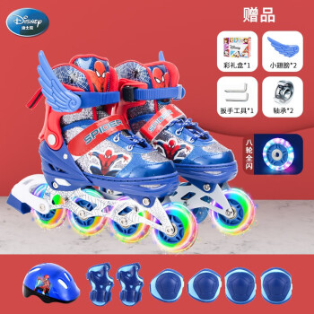 迪士尼(Disney)溜冰鞋儿童全套装轮滑鞋男女可调全闪光旱冰鞋滑冰鞋 蓝蜘蛛M码（建议鞋码32-38码）