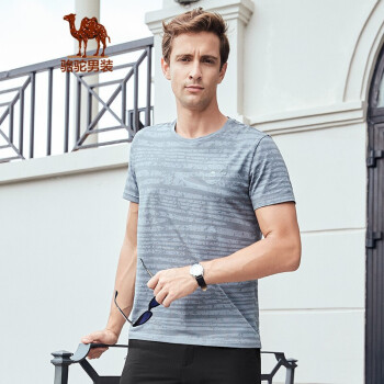骆驼（CAMEL）男装夏季圆领半袖上衣短袖潮流条纹休闲薄款印花T恤男士 灰绿 XL
