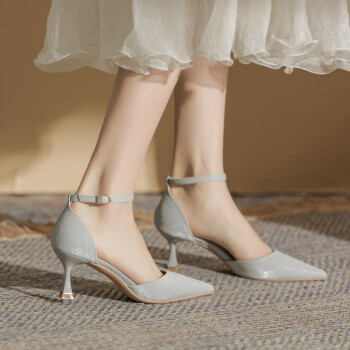 足姿媚（ZUZIMEI）春季新款高跟鞋女细跟一字带包头中空浅口女单鞋 灰色 5cm 34