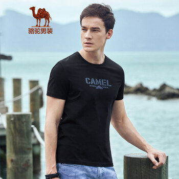 骆驼（CAMEL）男装 夏季青年圆领弹力纯色字母印花休闲短袖t恤衫男 黑色 XL