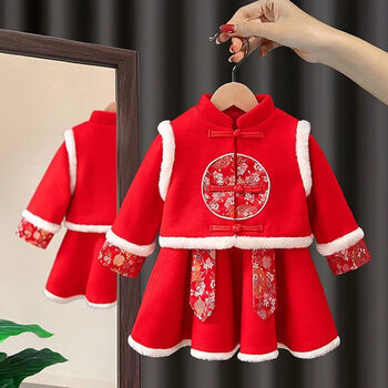 新年加厚唐装冬装小童装中国风汉服上衣裙子套装加棉标准颜色100码高