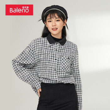 班尼路baleno2021秋冬韩版复古双层翻领衬衫女长袖格子休闲简约外套