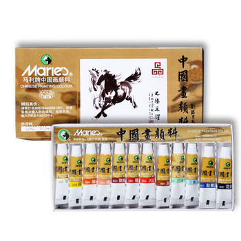 马利（Marie's）国画颜料盒装12色5ml水墨画山水画套装毛笔墨汁水桶笔架调色盘毛毡宣纸工具箱国画颜料套装