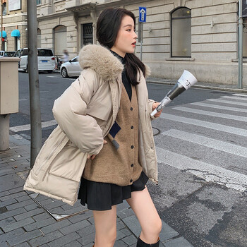 年冬装女工装派克棉服冬中长款大毛领棉衣外套棉袄潮旗舰官方米杏色m
