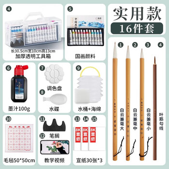 玉水湖国画颜料套装12色小学生入门水墨画工具用品儿童全套初学材料专业高级美术生专用 透明加高16件套