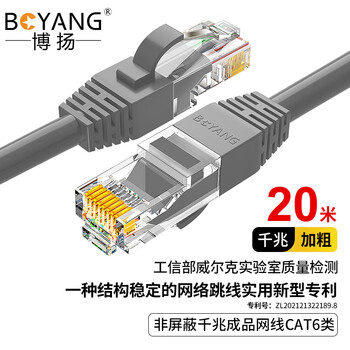 博扬 六类网络跳线 非屏蔽千兆成品网线 CAT6类(24AWG)无氧铜双绞线 20米 灰 POE供电工程线 BY-620H
