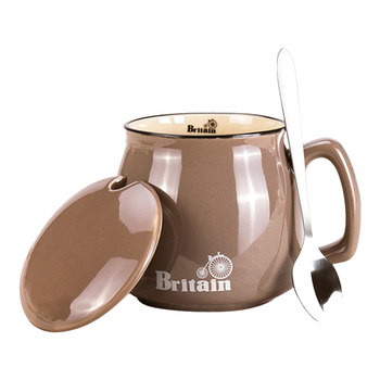 贝瑟斯马克杯 经典咖啡杯带盖带勺办公家用杯子陶瓷杯简约光滑水杯 棕色