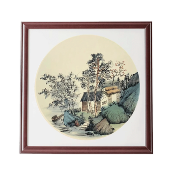 一海堂文化卡纸相框 国画扇面工笔画纸镜片硬卡圆形镜片纸配套实木相框-红木色 38*38cm 送38cm卡纸一包