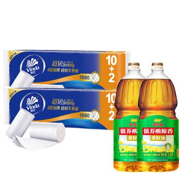 维达（Vinda）【食用油+卷纸】低芥酸原香菜籽油1.8L*2桶+V4457卷纸12卷*2提