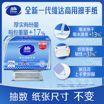 维达（Vinda）擦手纸200抽20包抽取式厨房用纸抹手吸油加厚干手纸VS2289【V】