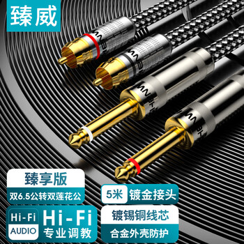 臻威（ZHENWEI）双6.5转双莲花音频转接线 大二芯6.35mm公转2RCA红白公头功放调音台转音响插头转换线-5M