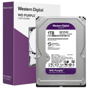 西部数据（WD）1TB 监控级机械硬盘 WD Purple 西数紫盘 SATA 64MB CMR垂直 安防存储 3.5英寸 WD11PURZ