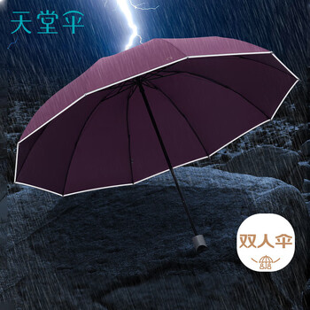 天堂 男/女雨伞三折 全钢双人大号商务雨伞反光条伞 暗红紫