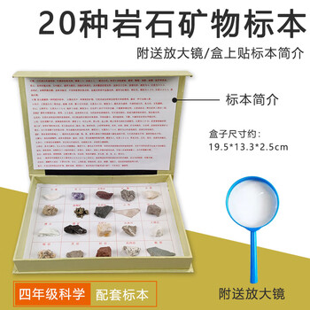 【全网低价】舜江 岩石矿物标本 地理科普展示教具学具小学四年级科学自然课用观察矿物石头 20种矿物岩石标本+放大镜