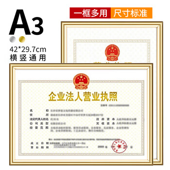 金隆兴 营业执照正本框A3相框挂墙仿铝合金画框装裱保护套工商卫生许可证书荣誉证书奖状框框架金色BB-A3