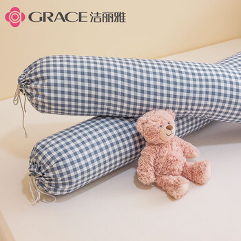 洁丽雅抱枕睡觉枕头长条抱枕女士枕侧睡夹腿神器靠枕 蓝格子 可拆洗1.1m