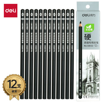 得力（deli）硬款12支盒装58122美术素描炭笔石墨铅笔专业美术绘画素描涂鸦勾线画笔硬款学生国庆出游