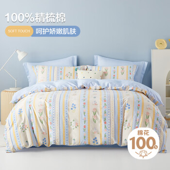 博洋（BEYOND）家纺床上四件套全棉床品纯棉床单被套春秋床上用品保暖套件 蕾丝小兔（蓝） 1.8米床(被套220*240厘米)
