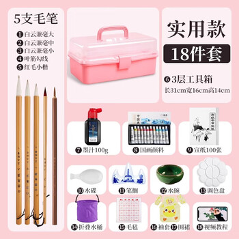 玉水湖国画颜料套装12色小学生入门水墨画工具用品儿童全套初学材料专业高级美术生专用 粉色三层18件套