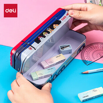 得力（deli）汪汪队救援大巴车文具盒马口铁三层可折叠铅笔盒 多功能收纳盒笔袋 红色开学必备