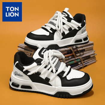  唐狮（TonLion）男鞋春季情侣款鞋子男女增高休闲板鞋男士运动小白鞋 浅米黑43
