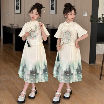 迪士尼（Disney）汉服女童国风裙子夏季2024新款儿童新中式汉服套装小女孩古风纱裙 图片色 150cm
