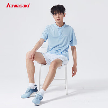 川崎（KAWASAKI）羽毛球服男款专业运动短袖翻领速干T恤V1920 冰蓝色 M