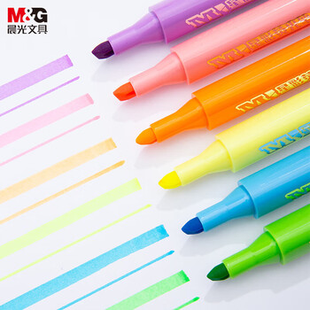 晨光（M&G）6色荧光笔经典单头记号笔醒目重点标记笔水性手绘手账笔AHMV7602 6支/盒