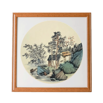 一海堂文化 卡纸相框 国画扇面工笔画纸镜片水彩画装硬卡圆形配套 实木相框-柚木色33*33cm 送33cm卡纸一包