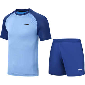 李宁（LI-NING）乒乓球服短袖男女比赛服速干训练套装运动服两件装 蓝/紫 2XL 
