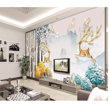 壁纸客厅现代简约墙纸卧室直播间浮雕北欧抽象麋鹿8d壁布定制无缝影视
